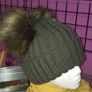 Olive Green Faux Fur Pom Pom Hat